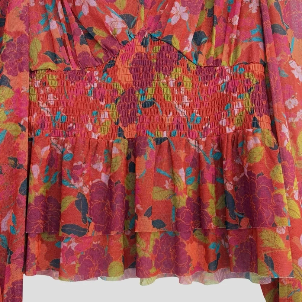 DR2 Daniel Rainn Mesh Floral Babydoll Top Sz. XS Orange Red Peplum Smocked Y2K - Picture 4 of 12